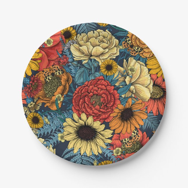 Assiettes En Carton Bouquet de fleurs - roses, pivoines, marguerites e (Devant)
