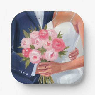 Assiettes En Carton Bouquet de mariage de la mariée et du marié aquare