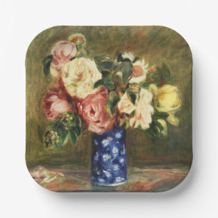 Assiettes En Carton Bouquet de roses roses vintage Renoir dans un vase