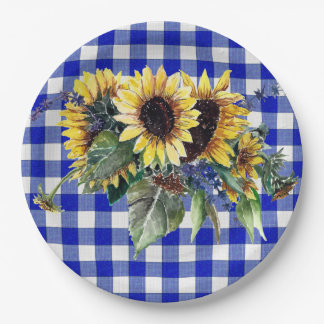 Assiettes En Carton Bouquet de tournesol sur En vichy bleu