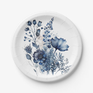 Assiettes En Carton Bouquet fleur sauvage de style Delft bleu et blanc