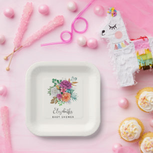 Assiettes En Carton Bouquet floral rose, orange et blanc