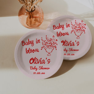 Assiettes En Carton Bouquet Floral Rouge Tiré À La Main Baby Dans Douc