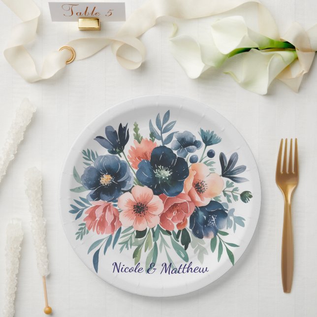 Assiettes En Carton Bouquet Mariage bleu et corail (Mariage)