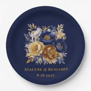 Assiettes En Carton Bouquet Mariage Marine Et Gold Watercolor Peony