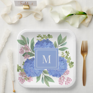 Assiettes En Carton Bouquet Moderne d'Hortensias Bleus avec Monogramme