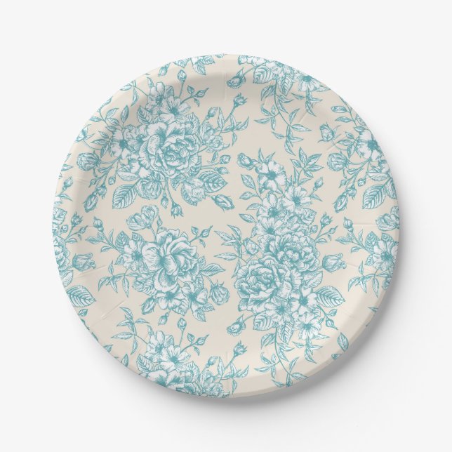 Assiettes En Carton Bouquet Rose bleu Jardin Motif Floral (Devant)