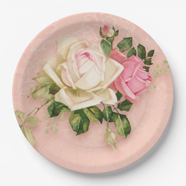 Assiettes En Carton Bouquet rose et rose blanche (Devant)