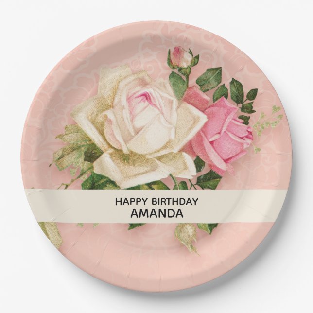 Assiettes En Carton Bouquet Rose & Rose Blanc Anniversaire (Devant)