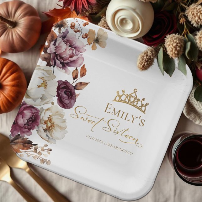 Assiettes En Carton Bourgogne Automne Automne automne Floral Sweet 16 (Créateur téléchargé)