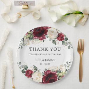 Assiettes En Carton Bourgogne Blanc Floral Rose Wedding shower Anniver