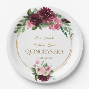 Assiettes En Carton Bourgogne Blush Floral Mis Quince Quinceañera