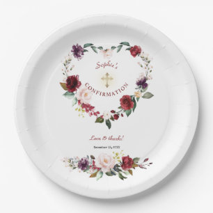 Assiettes En Carton Bourgogne Blush Plum Floral Girl Confirmation