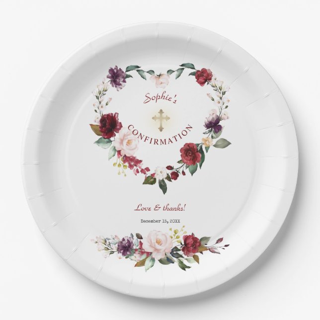 Assiettes En Carton Bourgogne Blush Plum Floral Girl Confirmation (Devant)