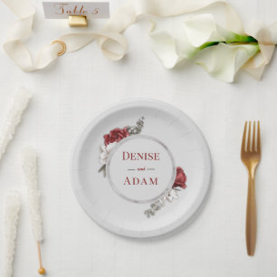 Assiettes En Carton Bourgogne Blush & White Roses Argent Foil