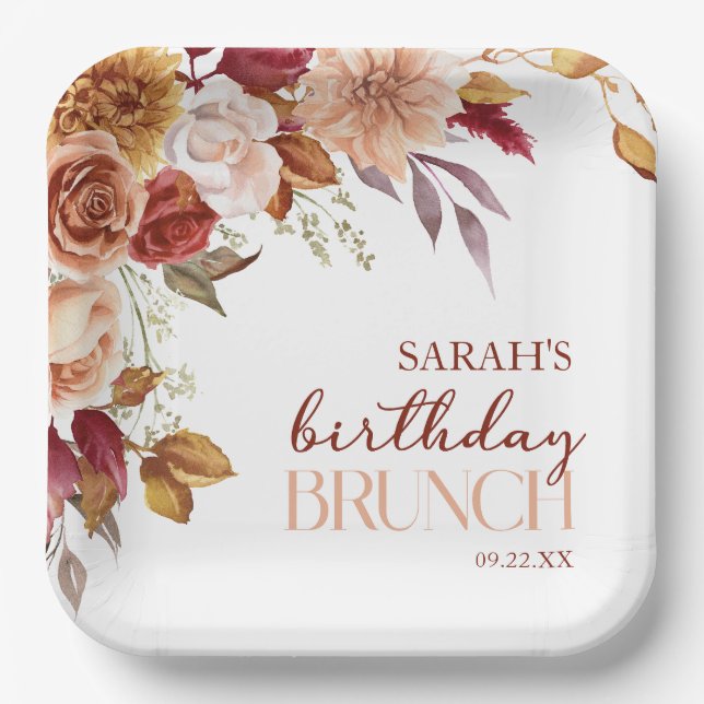 Assiettes En Carton Bourgogne Burnt Orange Floral Anniversaire Brunch (Recto)