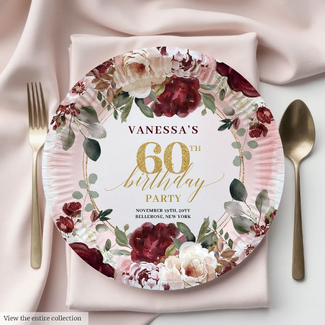 Assiettes En Carton Bourgogne doré classique Floral Bohème 60e Anniver (Classic Burgundy Gold Floral Boho 60th Birthday Plates)