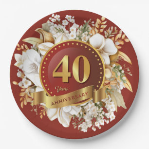 Assiettes En Carton Bourgogne et or Floral 40e anniversaire Mariage
