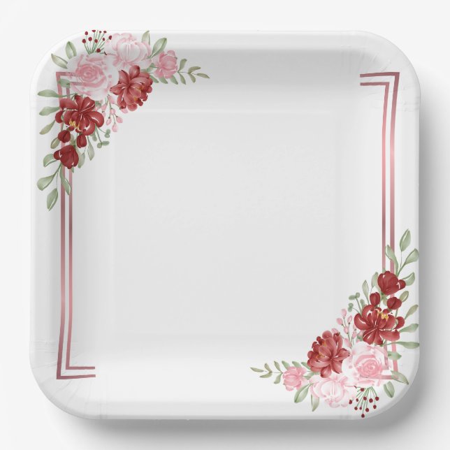 Assiettes En Carton Bourgogne et Rose Floral Mariage (Recto)