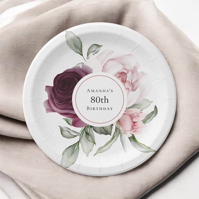 Assiettes En Carton Bourgogne et rose Rose 80e anniversaire (Créateur téléchargé)