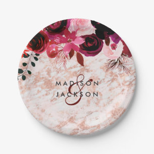 Assiettes En Carton Bourgogne Floral Rose or Marbre Mariage Monogramme