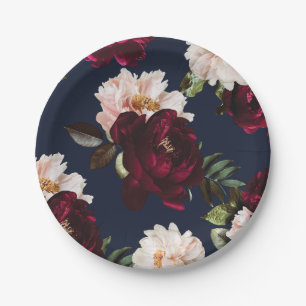Assiettes En Carton Bourgogne foncé Blush Pivoine Floral Bleu marine