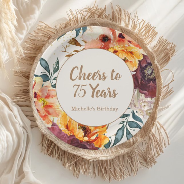 Assiettes En Carton Bourgogne Orange Floral Or 75 Ans (Orange and burgundy watercolor floral "Cheers to 75 years" paper plate)