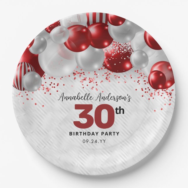 Assiettes En Carton Bourgogne Rouge argent ballon Parties scintillant  (Devant)