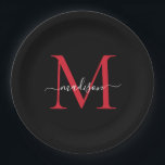 Assiettes En Carton Bourgogne Rouge Monogramme Moderne Élégant Script<br><div class="desc">Simple Moderne Tendance Noir Bourgogne Marron Rouge Monogramme Moderne Féminin Nom d'Écriture Assiette en Papier</div>