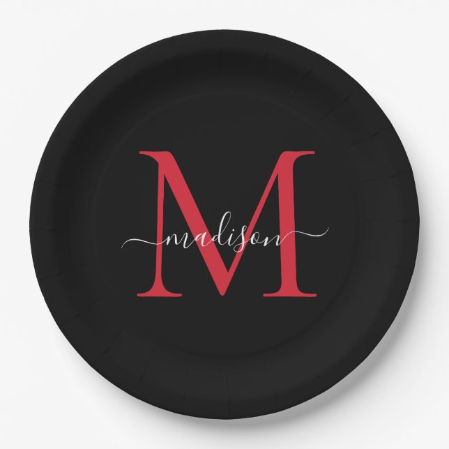 Assiettes En Carton Bourgogne Rouge Monogramme Moderne Élégant Script (Devant)