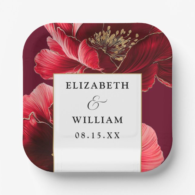 Assiettes En Carton Bourgogne Rouge or Floral Élégant Mariage moderne (Recto)