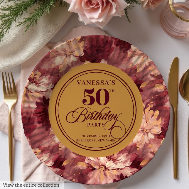 Assiettes En Carton Bourgogne rousse rose 50e anniversaire (Burgundy blush gold roses woman 50th birthday Paper Plates)