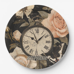 Assiettes En Carton Boussole Vintage Papillon Floral Marron