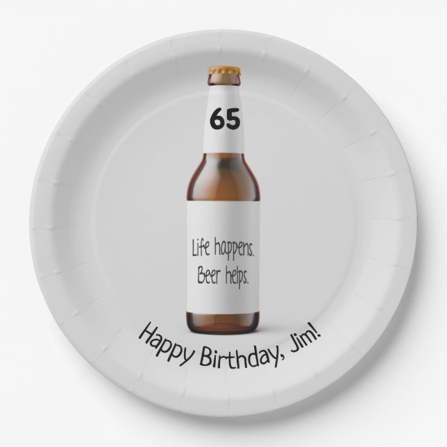 Assiettes En Carton Bouteille de bière Brown pour 65e anniversaire (Devant)