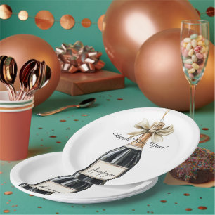 Assiettes En Carton Bouteille de Champagne Noir Or Bonne Année