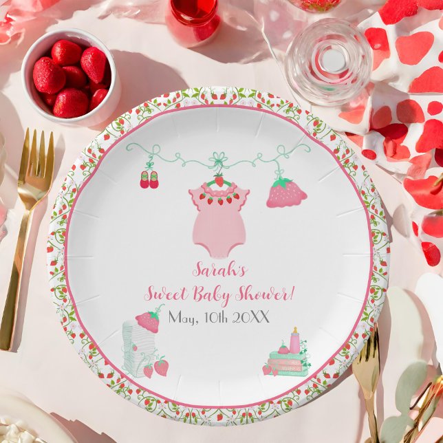 Assiettes En Carton Bouteille De Fraise Avec Baby shower Motif (Serve up sweetness on paper plates, a charming touch for baby showers.)