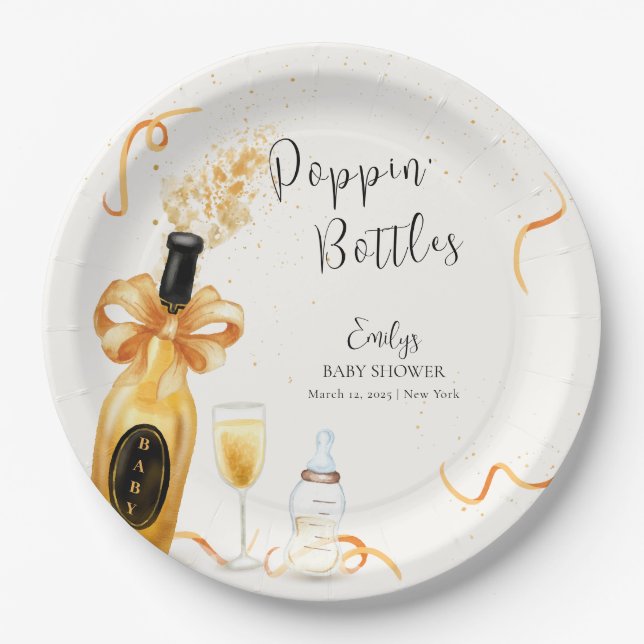 Assiettes En Carton Bouteilles Black Gold Poppin Baby shower Champagne (Devant)