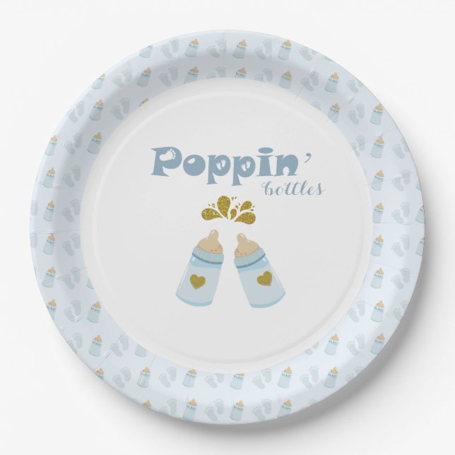 Assiettes En Carton Bouteilles bleu Poppin Boy Baby shower (Devant)