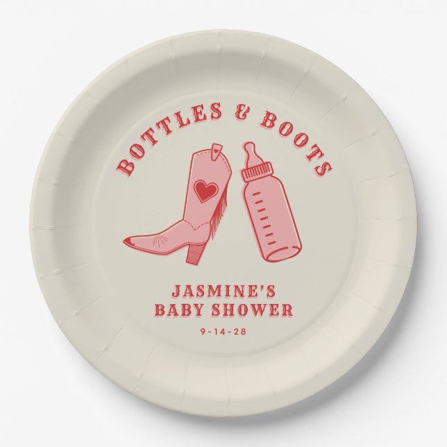 Assiettes En Carton Bouteilles & Bottes Cowgirl Western Baby shower ro (Devant)