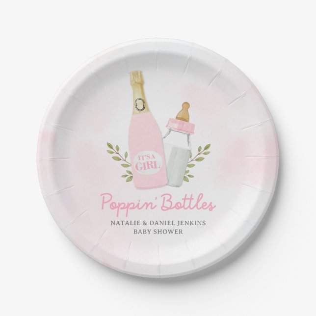Assiettes En Carton Bouteilles Poppin Fille Baby shower rose (Devant)