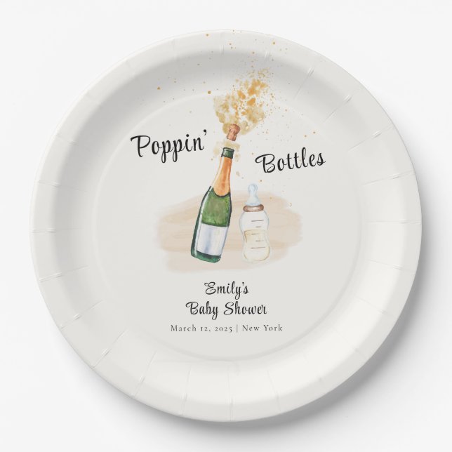 Assiettes En Carton Bouteilles Poppin moderne Baby shower Champagne (Devant)