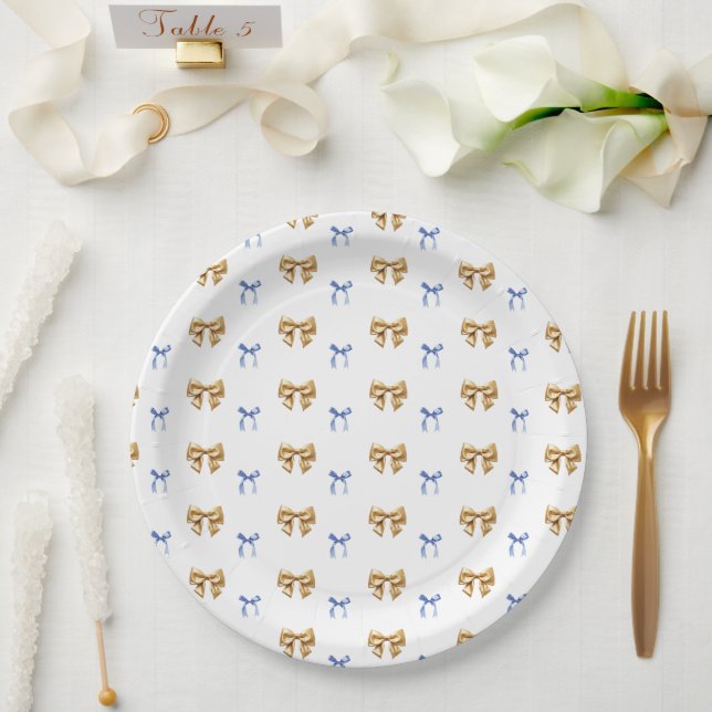Assiettes En Carton Bow Coquette Bleu et Or (Mariage)
