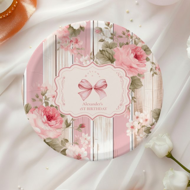 Assiettes En Carton Bow rose Floral Fancy ONE Girl 1er anniversaire (Créateur téléchargé)
