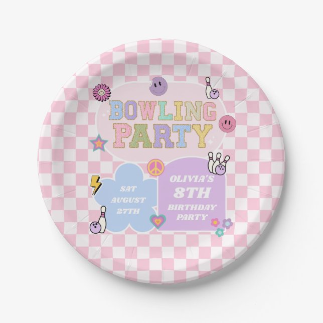 Assiettes En Carton Bowling Party Preppy Varsity Patch Anniversaire fê (Devant)