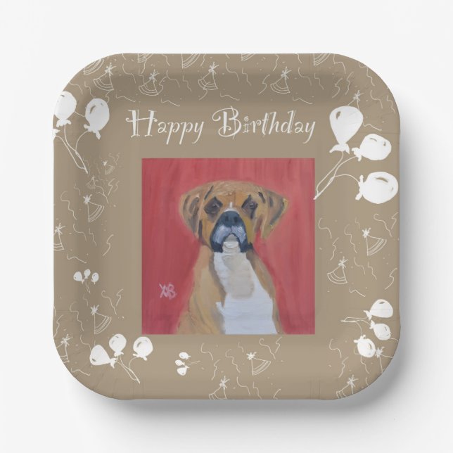 Assiettes En Carton Boxer Chien Heureux Plaques de papier d'anniversai (Recto)
