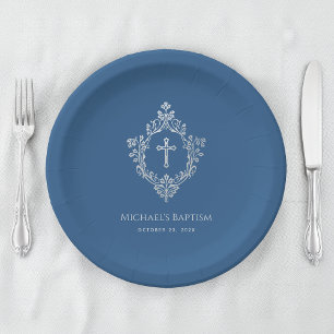 Assiettes En Carton Boy Baptism Classic Bleu Faux Argent Vintage Crest
