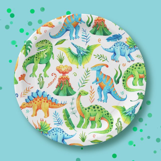 Assiettes En Carton Boy Dino Party T rex, Stegosaurus, Tricératops (Watercolor Dinosaurs Green, Orange, Blue Paper Plates)