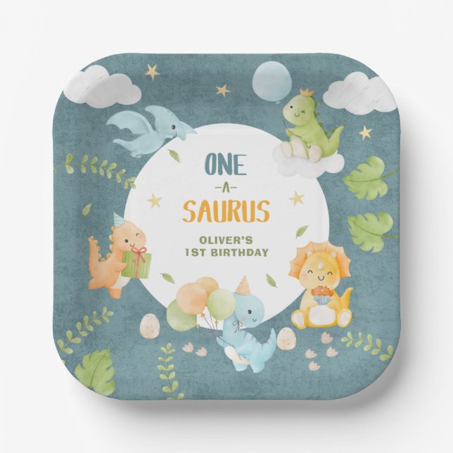 Assiettes En Carton Boy Dinosaur 1st Birthday Party One-A-Saurus (Recto)