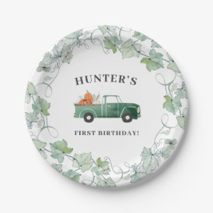 Assiettes En Carton Boy Fall Annithday Green Truck et la fête Citrouil