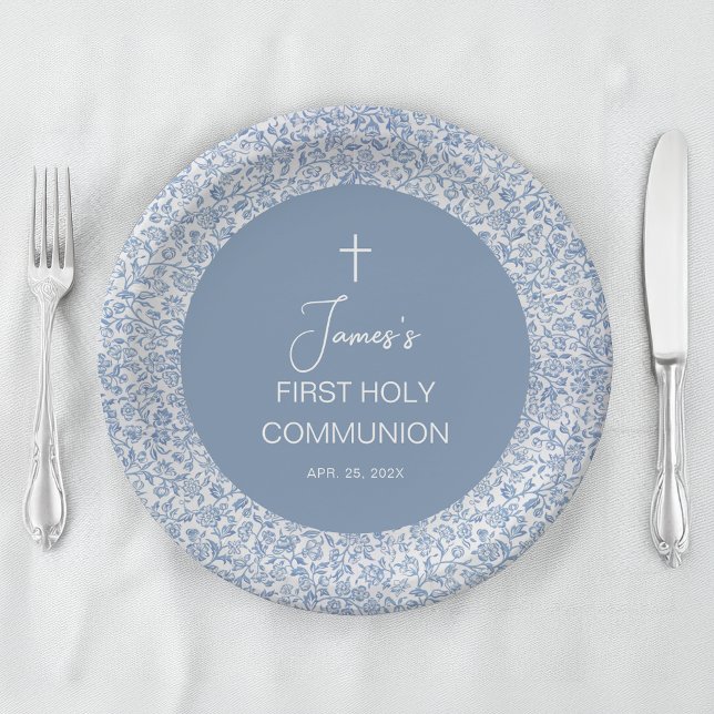Assiettes En Carton Boy First Communion Blue and White Floral Pattern (Créateur téléchargé)